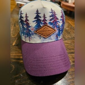 Steamboat Springs, CO Purple and Blue Trucker Hat with Forest Design